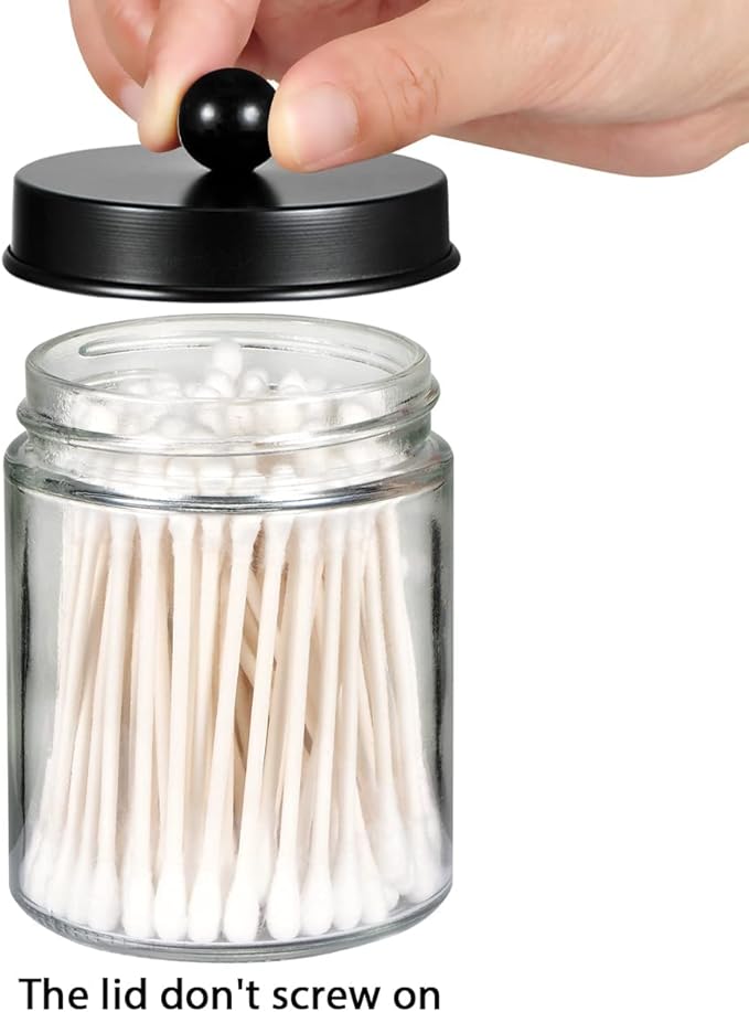 Amolliar 4 Pack Glass Apothecary Jars Bathroom Vanity Storage Organizer Set-Qtip Dispenser Holder with Stainless Steel Lids &Cute Stickers-Countertop Canister for Qtips,Cotton Swabs,Makeup Sponges