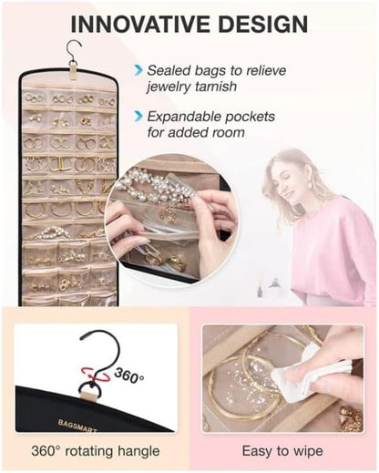 Hanging Jewelry Organizer Storage Roll with Hanger Metal Hooks Double-Sided Jewelry Holder for Earrings, Necklaces, Rings on Closet, Wall, Door 33 * 14IN (Black)