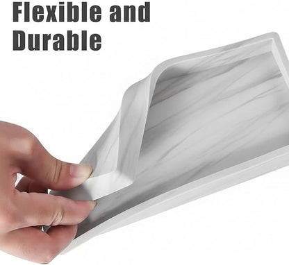 2PCS 11.8” L x 5” W Silicone Soap Dispenser Tray, Bathroom Sink Vanity Trays for Dresser Tops, Toilet, Small Tray for Scrubber, Lotion Bottles, Perfume, Jewelry, Candle, Key Trinket Ring-White Marble