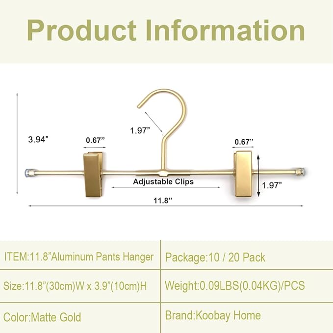 Shorts Hangers 20 Pack Jeans Hangers for Closet 11.8" Gold Aluminium Hangers with 2 Adjustable Clips Pants Hanger Shirt Slim Hangers for Men Women Metal Hangers
