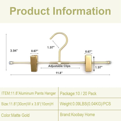 Shorts Hangers 20 Pack Jeans Hangers for Closet 11.8" Gold Aluminium Hangers with 2 Adjustable Clips Pants Hanger Shirt Slim Hangers for Men Women Metal Hangers