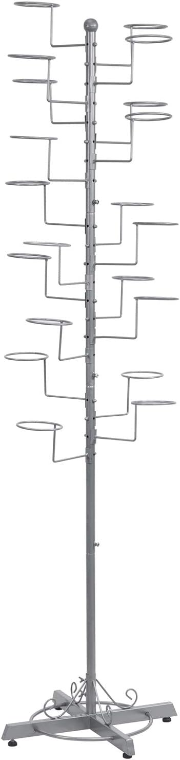 MyGift Hat Rack Holder Stand, Freestanding Baseball Cap Organizer Display, Large Retail Wig Holder with 20 Customizable Circular Hooks, for Multiple Hats, Shape of Tree, Silver Metal