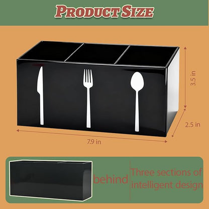 Acrylic Cutlery Storage Organizer Bin,3 Section Silverware Caddy with Spoon Fork Organizer, Clear Plastic Utensil Holder for Kitchen Countertop, Cabinet, Dining Room (Black)