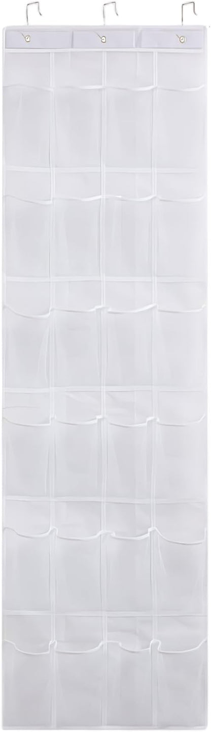 24 Mesh Pocket Over the Door Shoe Organizer Space Saving Hanging Storage Holder with Hooks 64x19 Inch White, Shoe Hanger for Door