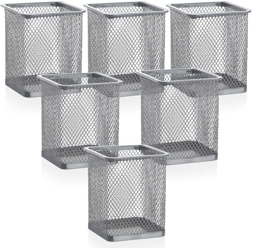 Segarty Pen Cup Holder, 6 Pack Square Silver Pen Holder for Desk, Multifuntional Mesh Pencil Cups Containers for Marker, Office Supplies, School Students, Home Desktop, Brush Organizer by Segarty