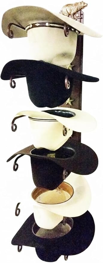 6-Hat Cowboy Hat Rack – Crown Down Wall Mount – Embossed Bear with Gold Hand Finish – American Made Steel