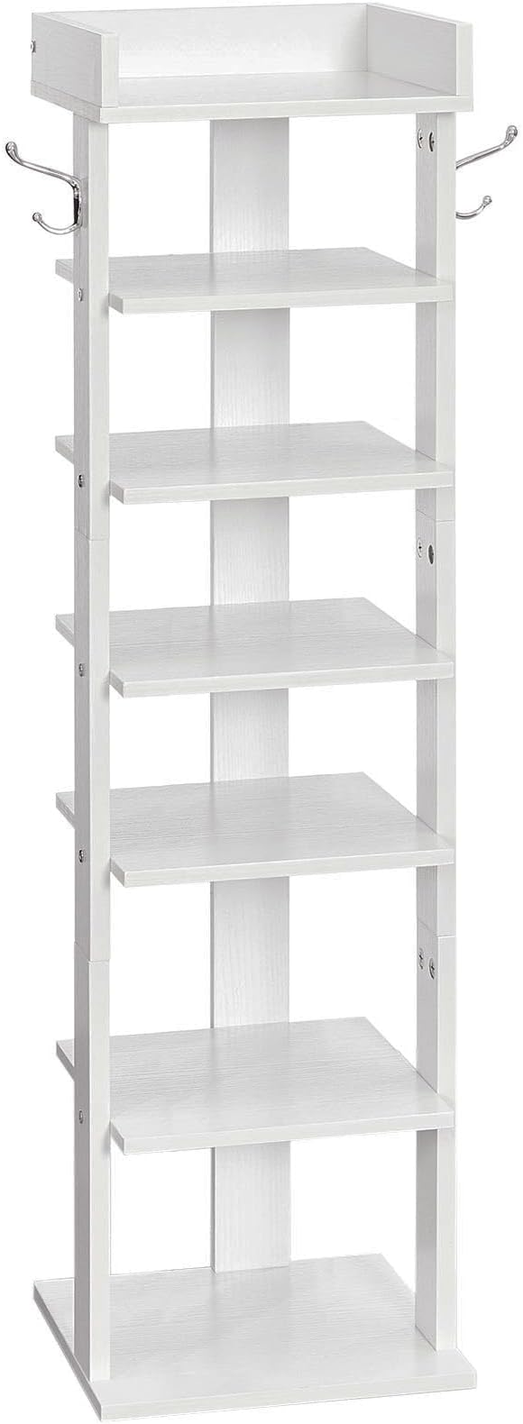 HOOBRO Vertical Shoe Rack for Front Door Entryway, 7 Tier Wooden Shoe Storage Organizer with Hooks, Narrow Shoe Tower for 7 Pairs, Space Saving, for Corner, Closet, Bedroom, White WT61XJ01