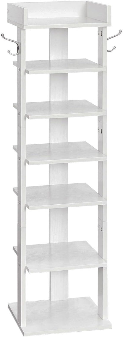 HOOBRO Vertical Shoe Rack for Front Door Entryway, 7 Tier Wooden Shoe Storage Organizer with Hooks, Narrow Shoe Tower for 7 Pairs, Space Saving, for Corner, Closet, Bedroom, White WT61XJ01