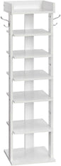 HOOBRO Vertical Shoe Rack for Front Door Entryway, 7 Tier Wooden Shoe Storage Organizer with Hooks, Narrow Shoe Tower for 7 Pairs, Space Saving, for Corner, Closet, Bedroom, White WT61XJ01