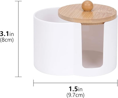 Adorila Compact Cotton Pad & Swab Holder with Bamboo Lid, Dust-Free Space-Saving Bathroom Vanity Organizer for Floss (White)