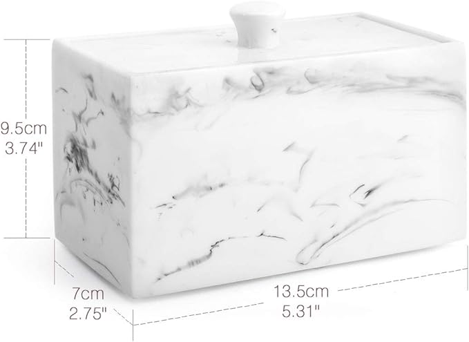 Luxspire Cotton Swab Holder, Qtip Holder Dispenser with Lid, 2 Compartments Cotton Ball Organizer, Bathroom Container for Cotton Round, Floss, Marble Bathroom Accessories - Ink White