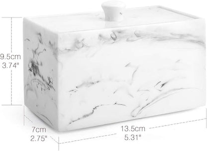Luxspire Cotton Swab Holder, Qtip Holder Dispenser with Lid, 2 Compartments Cotton Ball Organizer, Bathroom Container for Cotton Round, Floss, Marble Bathroom Accessories - Ink White