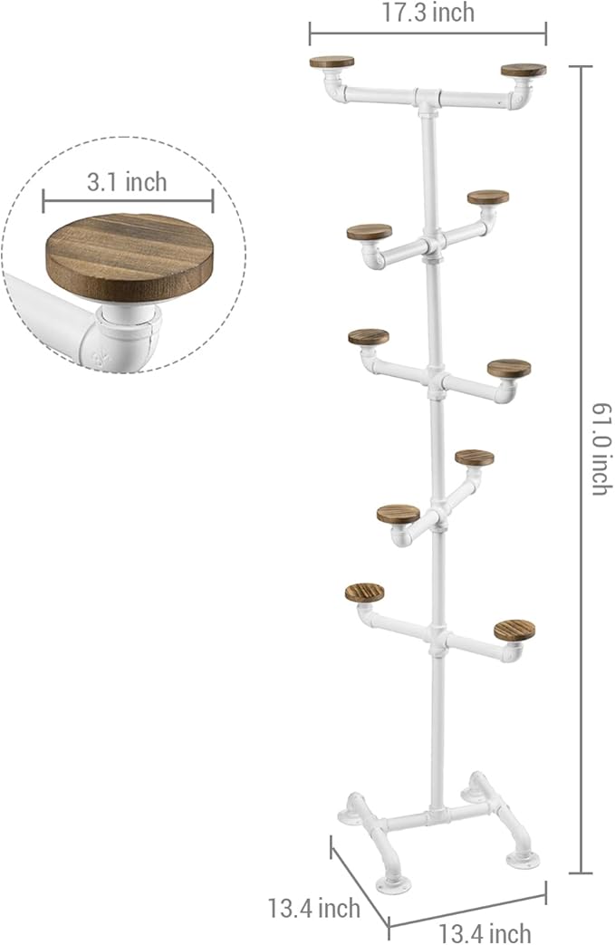 MyGift Hat Organizer Rack, Freestanding Baseball Cap Holder Display, Cowboy Hat Tree Entryway, Decorative Pipework Stand with 10 Hooks, Industrial White Metal, Round Rustic Burnt Wood