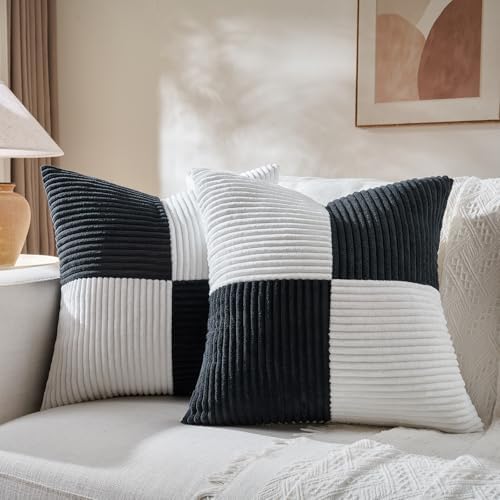Fancy Homi Set of 2 Black White Decorative Throw Pillow Covers 18x18 Inch with for Couch Bed Sofa Living Room, Soft Cross Patchwork Striped Corduroy Modern Square Cushion Case 45x45 cm by Fancy+Homi
