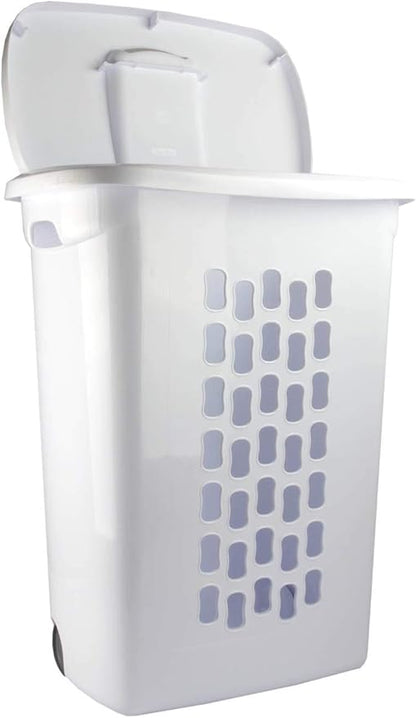 Sterilite Ultra Wheeled Laundry Hamper with Lid, Handle and Wheels for Easy Rolling of Clothes to and from the Laundry Room, Plastic, White, 1-Pack