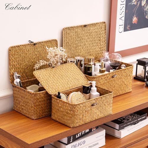 Nonam Wicker Storage Basket with Lid,Seagrass Shelf Basket Set of 3,Nautral - Image 4