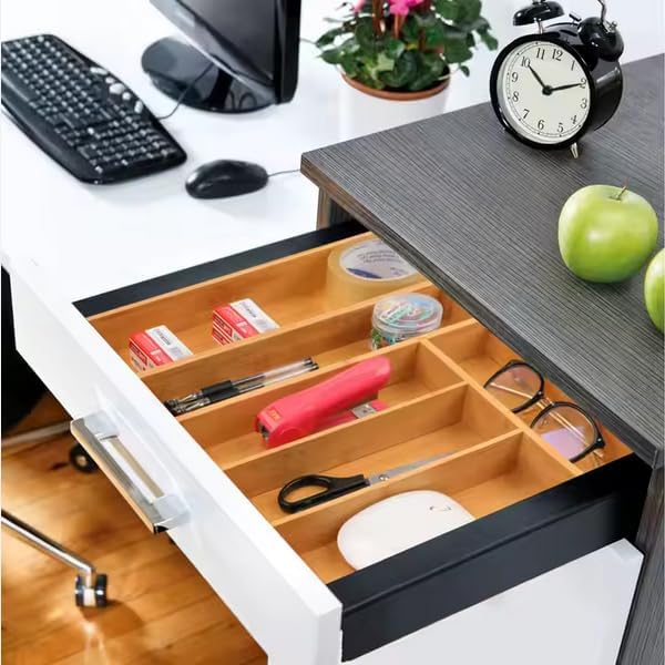 Kitchen Drawer Organizer Expandable Bamboo, Utensil Organizer for Kitchen Drawer, Adjustable Silverware Organizer Tray 13–19.6”, Wooden Cutlery Drawer Organizer, Deep Compartments (5)