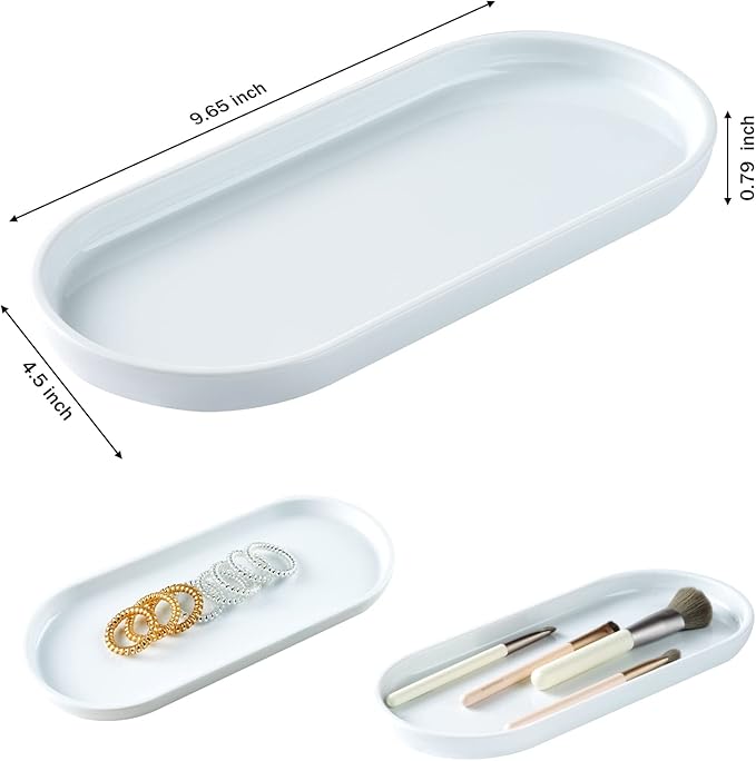 SheeChung Acrylic Vanity Tray Bathroom Storage Tray, 9.65 in x 4.5 in Catchall Holder, Countertop Sink Dispenser Organizer for Cabinet, Vanity, Shelf, Cupboard, or Closet Organization (2 Pack, White)