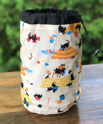 Black Cats on beach drawstring bag for knitting or crochet projects, Rummikub, Scrabble Mahjong tiles, reusable gift bag, Sandy Paws, The Suebee