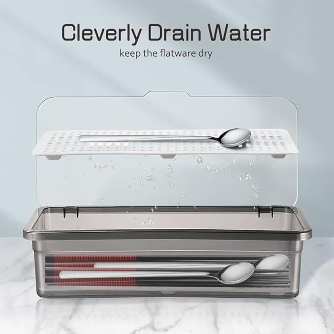 Tofficu Tableware Storage Box with Drain Plate 10.55X4.72X2.75In Covered Utensil Organizer for Kitchen Drawer Countertop Silverware Holder for Chopsticks and Cutlery