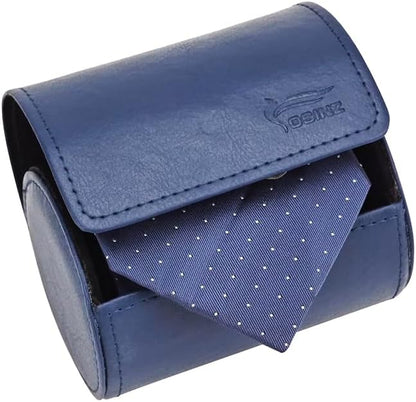 Leather Tie Case Box Organizer for Men's Necktie and Bow Tie Storage Travel Gift Box (round button, Blue, 4.3" x 3.3" x 3.3")