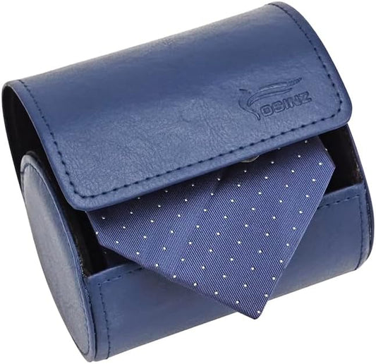 Leather Tie Case Box Organizer for Men's Necktie and Bow Tie Storage Travel Gift Box (round button, Blue, 4.3" x 3.3" x 3.3")