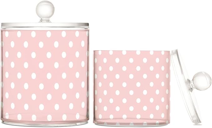 2 Pack Qtip Dispenser Apothecary Jars with Lids Cotton Round Holder Bathroom Canisters for Cotton Swab Floss Ball Pads Clear Plastic Decorative Pink Polka Dots