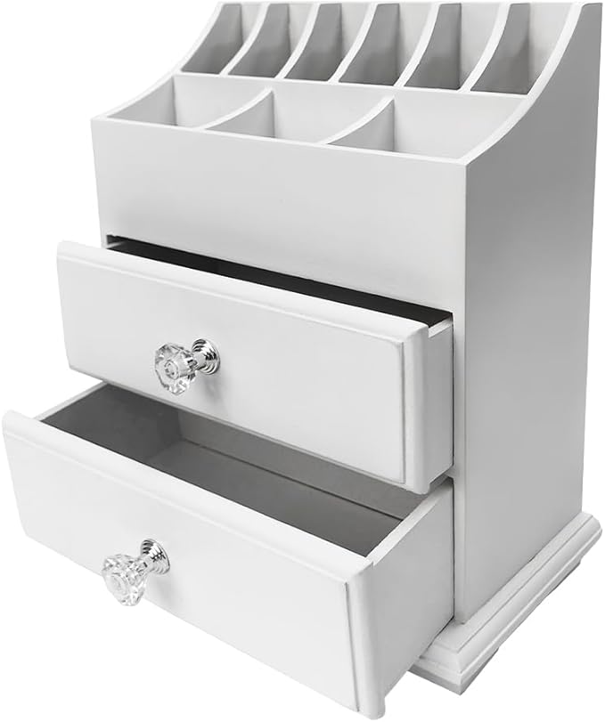 White Wood Cosmetics Organizer Makeup & Beauty Accessories Storage Rack with Drawers for Neat & Organize Storing of Makeup Tools Small Accessories at Home & Office Vanities & Bathroom Counter-top