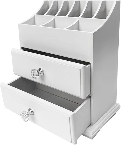 White Wood Cosmetics Organizer Makeup & Beauty Accessories Storage Rack with Drawers for Neat & Organize Storing of Makeup Tools Small Accessories at Home & Office Vanities & Bathroom Counter-top