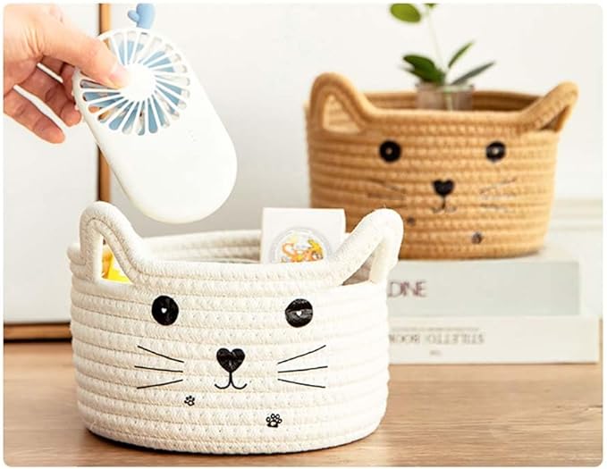 Cat Basket Storage Woven Basket Organizer with Ears Decorative Cute Pet Toy Basket Cotton Rope Basket for Gifts Cartoon Baby Nursery Basket 8.3 x 4.7 inches,White