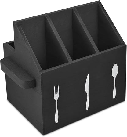 Ikee Design Wooden Utensil Caddy with Handles, Silverware Caddy, Silverware Holder for Countertop,Party,Camping and Kitchen, Organizer, Picnic Cutlery Holders, Black Color