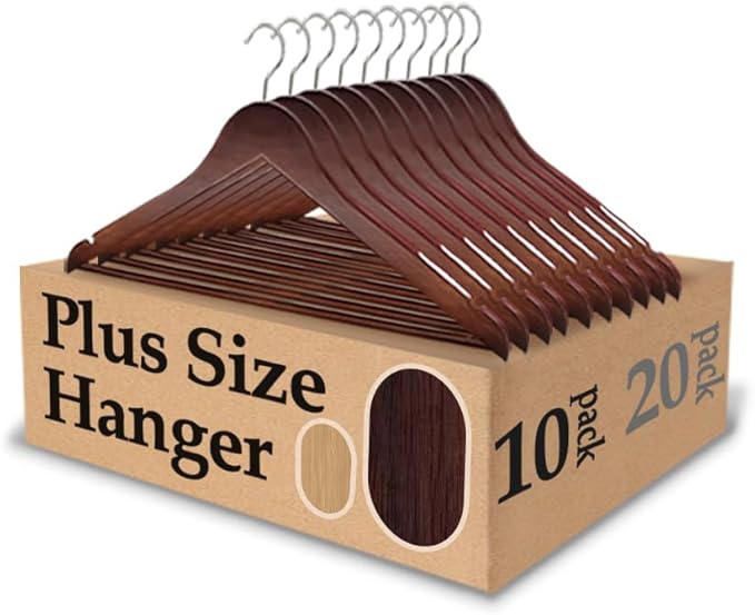 King Mills 19 Inch Plus Size Hangers, Extra Wide Hangers for Plus Size Clothes, Ganchos para Colgar Ropa, Ideal for XL, XXL Shirts, Coats, Dresses, Etc. Wood. Walnut 10pk