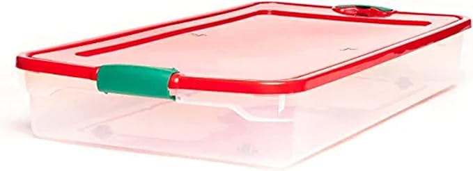 HOMZ 60-Quart Holiday Plastic Underbed Storage Bins with Red Latching Lids, Secure Clear Rolling Storage for Home Organization, 2 Pack, Green Latches