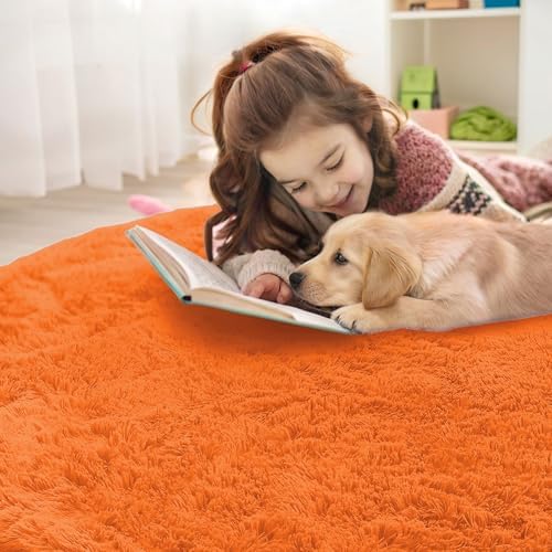 OLANLY Orange Round Rugs for Bedroom - Machine Washable, 4 ft Circle Area Rugs for Living Room, Soft and Fluffy Shaggy Carpet for Teen Girl and Boys, Nursery Rooms, Dorms, Home Decor Aesthetic - Image 5