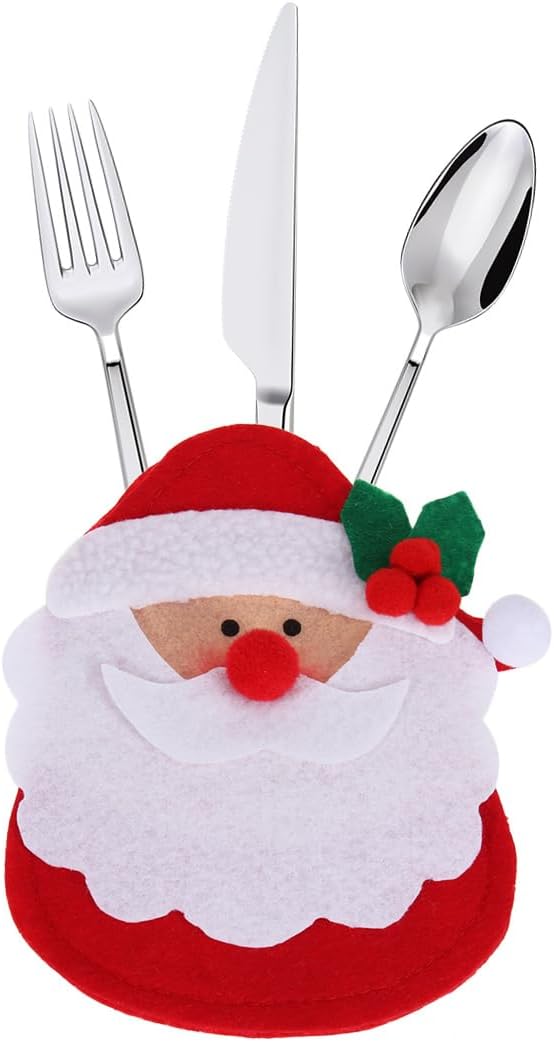 Amosfun 6pcs Christmas Silverware Holder Pockets Santa Claus with holly berry leaf Forks Bags Cutlery Holders Pockets Christmas Table Decorations