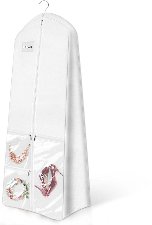 72" Long Wedding Dress Garment Bag Cover for Gowns Women with 10'' Gusseted Dress Bags 4 Pocket (White 1 Pack)