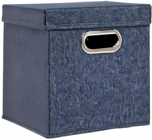 Household Essentials Collapsible Cotton Blend Cube Storage Box with Lid and Metal Grommet Handle, Set of 2, Denim