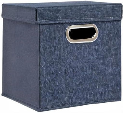 Household Essentials Collapsible Cotton Blend Cube Storage Box with Lid and Metal Grommet Handle, Set of 2, Denim