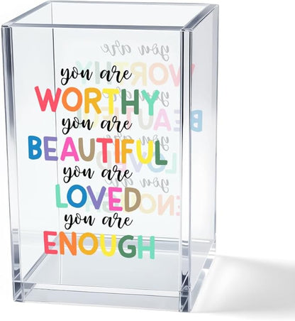 You are Worthy Beautiful Acrylic Makeup Brush Organizer Holder, Boho Motivational Vanity Desk Organizer Accessories for Bedroom Office Decor, Inspirational Gifts for Women Girls Daughter Sister