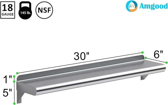 AmGood 6 in. x 30 in. Stainless Steel Wall Shelf | NSF | Metal Shelving | Garage, Laundry, Storage, Utility Room | Restaurant, Commercial Kitchen
