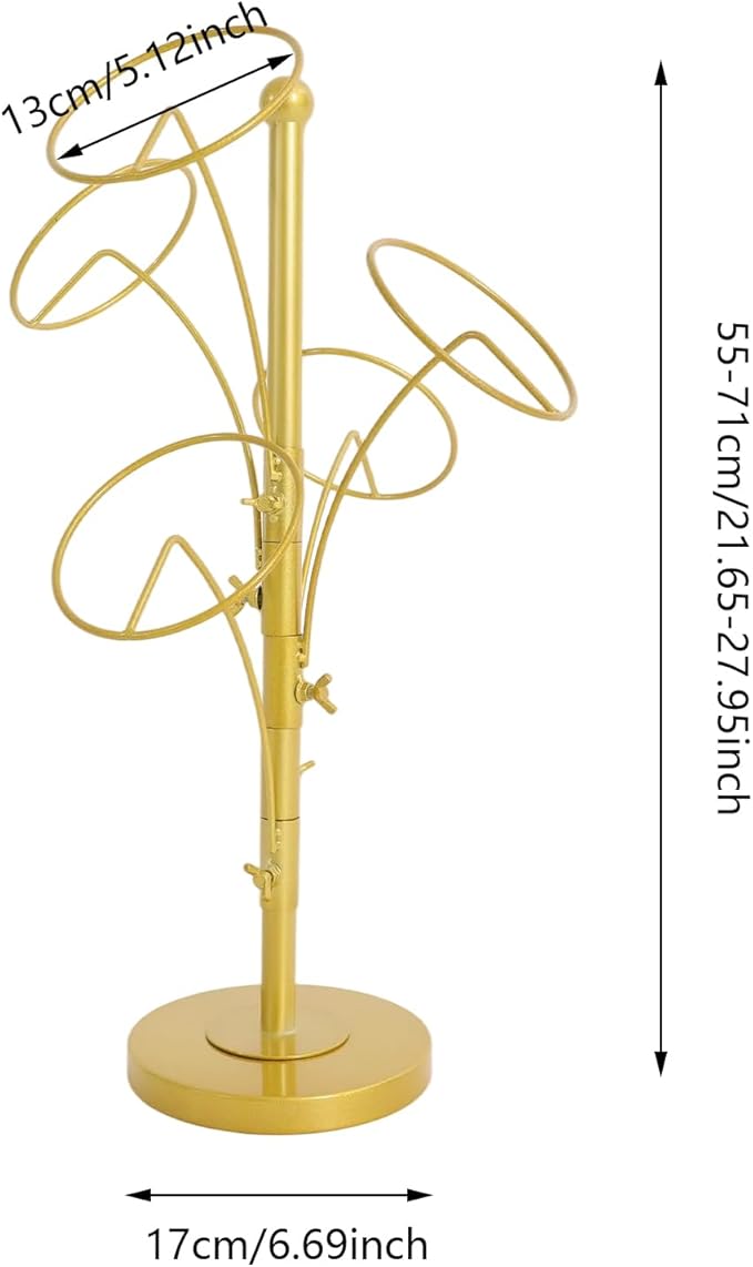 DYRABREST 5 Round Hooks Hat Stand, 28" H Metal Hats and Wigs Display Rack with Adjustable Hooks, Baseball Cap Organizer Headwear Rack for Home Closet Retail Store (Gold, 5 Hooks)