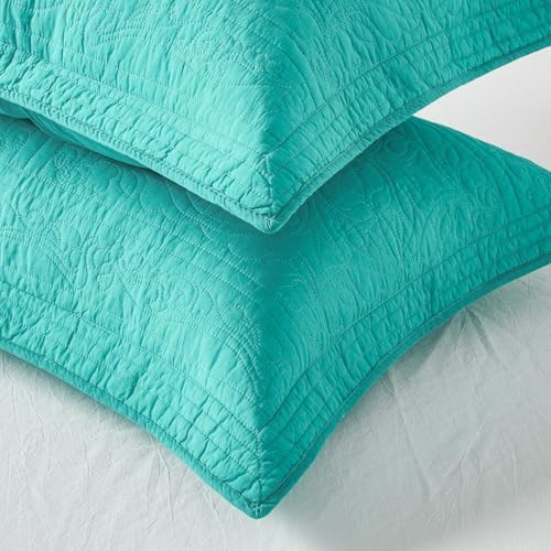 WINLIFE 100% Cotton Quilted Pillow Sham Floral Printed Pillow Cover Set of 2 (King Size, Turquoise) - Image 3