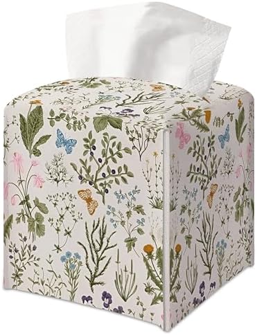Spring Wild Flower Plants Square Faux Leather Tissue Box Cover by Unknown