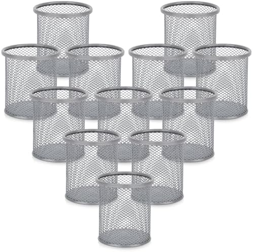 Segarty Pen Cup Holder for Desk, 12 Pack Round Silver Pen Holder, Wire Mesh Pencil Cups Containers Marker Organizer Set for Office Supplies, School, Desktop Accessories, Makeup Brush by Segarty