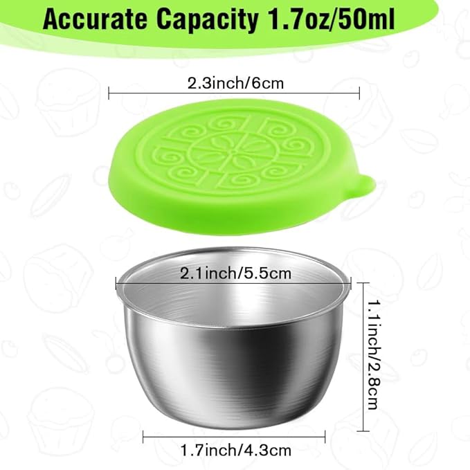 Showvigor 6-Pack Salad Dressing Containers, 1.7 oz Stainless Steel Condiment Containers with Silicone Lids, Leakproof Reusable Sauce Cups for Lunch Box, Picnic and Travel