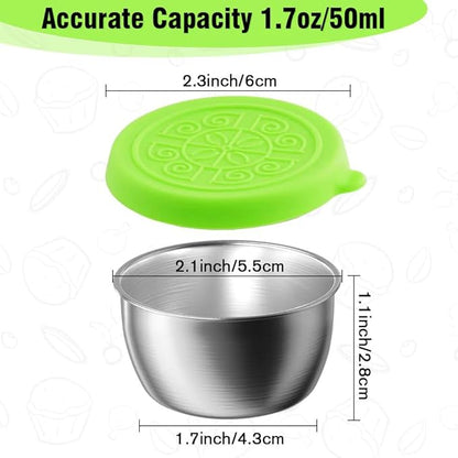 Showvigor 6-Pack Salad Dressing Containers, 1.7 oz Stainless Steel Condiment Containers with Silicone Lids, Leakproof Reusable Sauce Cups for Lunch Box, Picnic and Travel