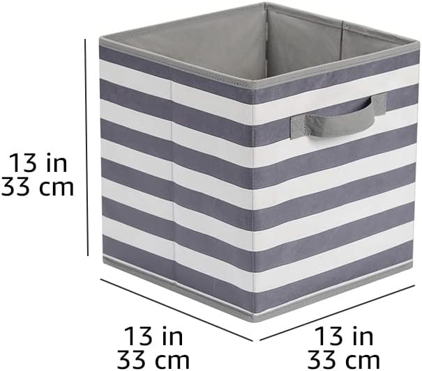 Amazon Basics Collapsible Fabric Storage Bins with Handles, Cube Organizer for Organizing, 13"x13"x13", White/Light Grey Stripe, 6-Pack