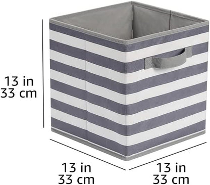 Amazon Basics Collapsible Fabric Storage Bins with Handles, Cube Organizer for Organizing, 13"x13"x13", White/Light Grey Stripe, 6-Pack