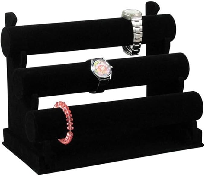 3 Tier Velvet Jewelry Organizer Stand, Detachable Bracelet Holder, Gray and Black, 12.2 x 9.25 Inches (Black)