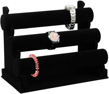 3 Tier Velvet Jewelry Organizer Stand, Detachable Bracelet Holder, Gray and Black, 12.2 x 9.25 Inches (Black)